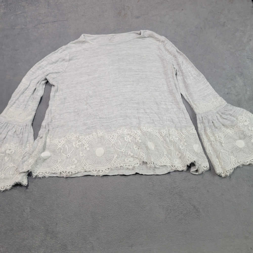 Aratta Top Women Large‎ Gray Bell Sleeve Lace Trim Boho Romantic TN2226-CLX